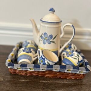Floral Ceramic Tea Set with Basket